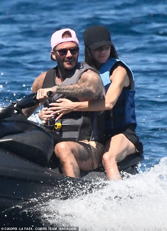 David convinced his wife Victoria to jump on a jet ski with him after she scheduled a training session on the mega yacht