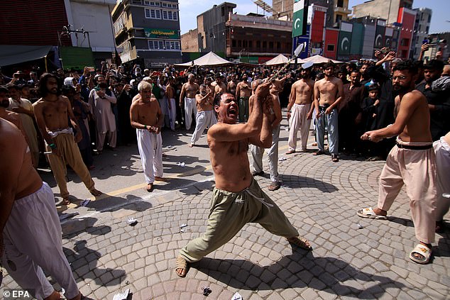 During the bloody ceremonies, men of all ages cut their scalps or flog themselves with knives attached to chains.