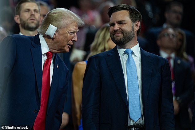 Former President Donald J Trump makes an early appearance at the Fiserv Forum alongside Vice Chairman-designate JD Vance on the first night of the Republican National Convention in Milwaukee, Wisconsin