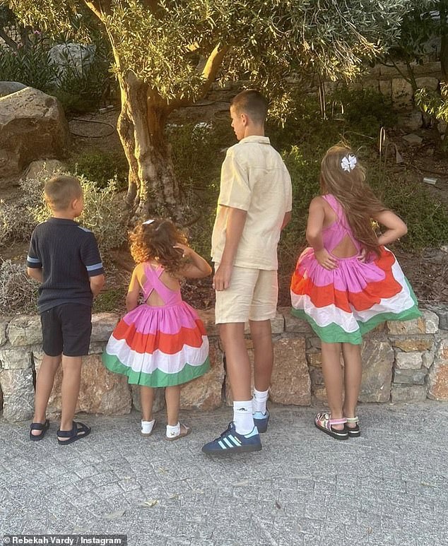 In another photo, the kids were all seen in cute matching summer outfits, with Rebekah hilariously captioning the photo: 'When the bad moods strike'