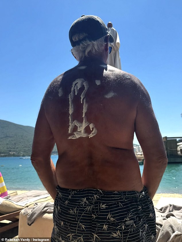 The WAG also hilariously posted a snap of her dad and his unfortunate mishap with sunscreen. She captioned the photo: 'Dad, don't ask a 14-year-old to put on your sunscreen'