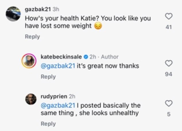 Another person asked: 'How is your health Katie? You look like you've lost some weight?' to which she replied: 'It's great now, thank you'