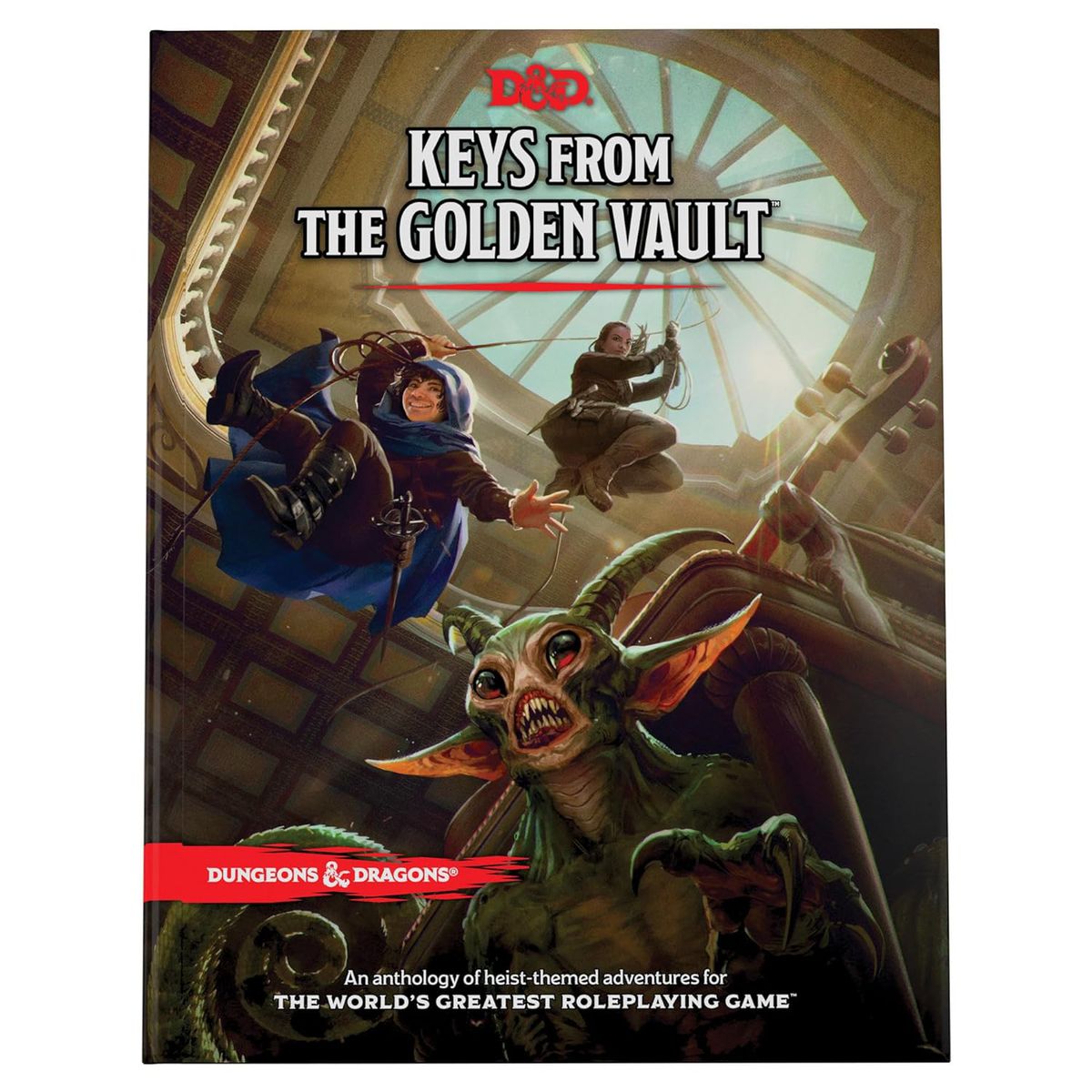 The cover of the D&D heist collection Keys from the Golden Vault, showing party members jumping from the ceiling using ropes toward a creature hiding under a chair.