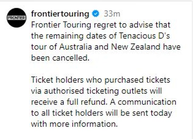 The concert promoter confirmed on Wednesday morning that shows in Newcastle, Brisbane, Melbourne, Adelaide, Wellington and Auckland have been cancelled