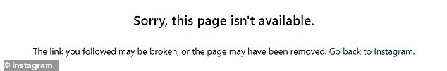 The link to Christina's IG post brings up a blank screen with an automated Instagram message that reads: 'sorry, this page is unavailable. The link you followed may be broken or the page may have been removed'