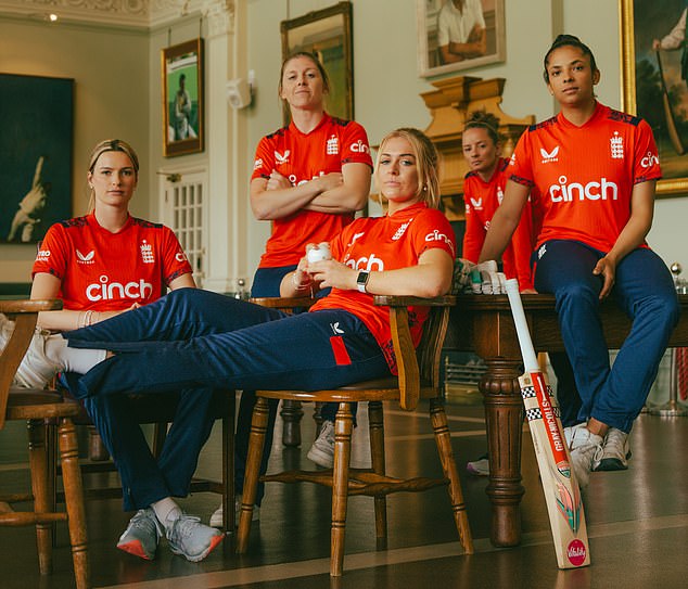 Knight and some of her teammates pose in the long room at Lord's ahead of the T20 match