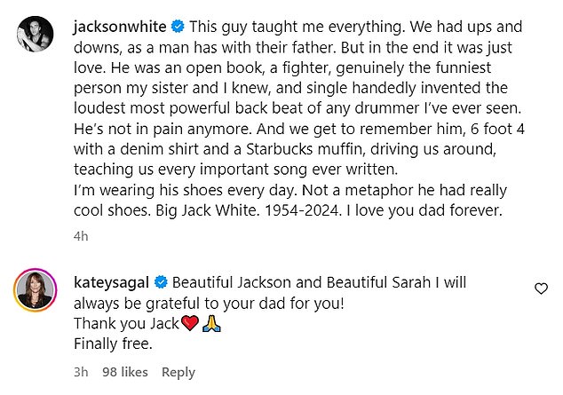 White posted an emotional memorial for his late father, with his mother Katey Sagal offering her support