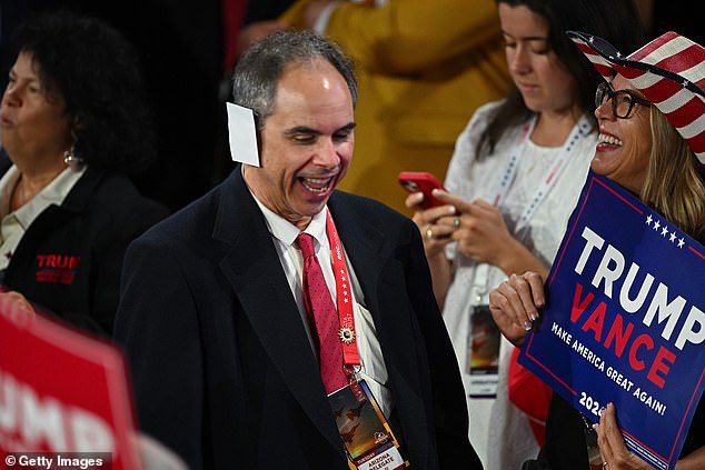 A paper 'bandage' on the second day of the Republican National Convention at the Fiserv Forum on July 16, 2024 in Milwaukee