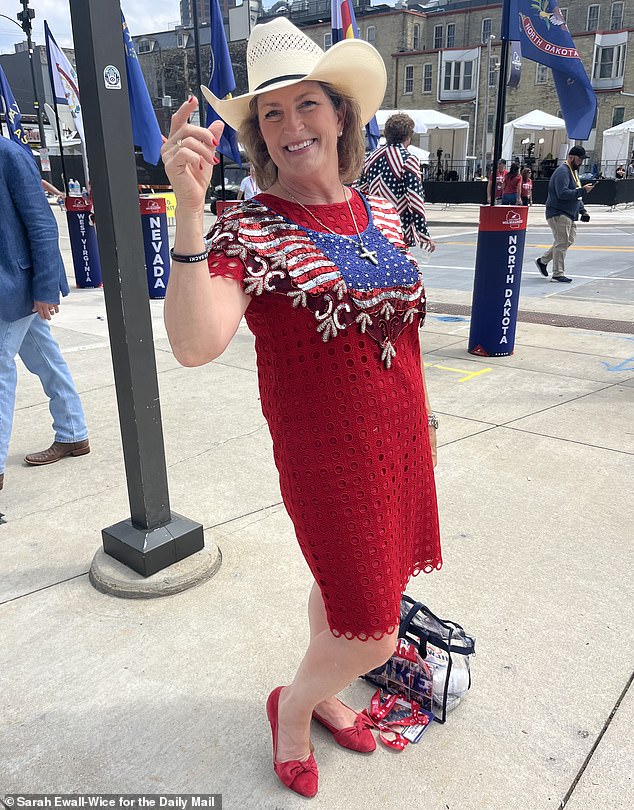 Deana Abiassi with the delegation from Texas, wearing a sequined collar over a red dress