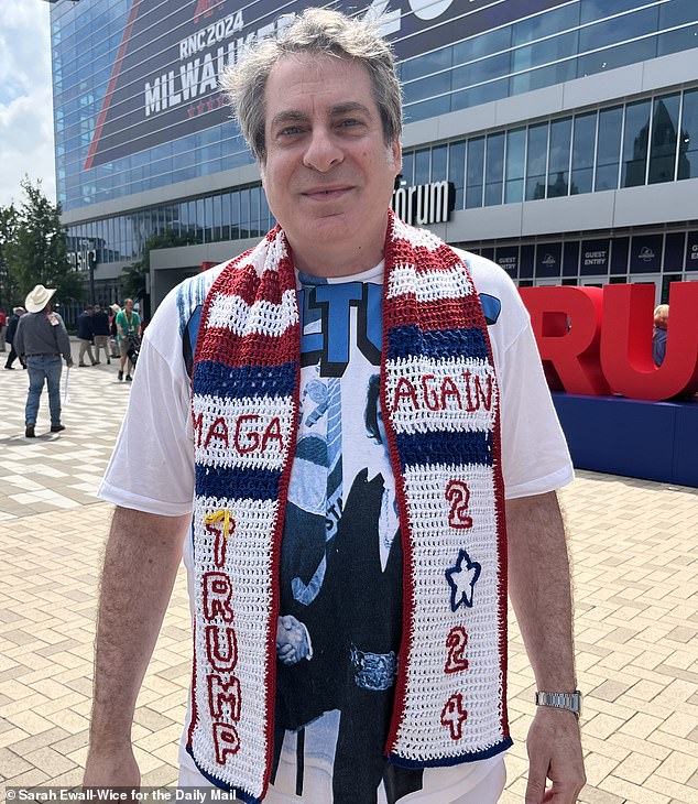 Steve Merczynski from New York in one of his hand-crocheted scarves outside the convention. His company MAGA Hammocks makes custom scarves