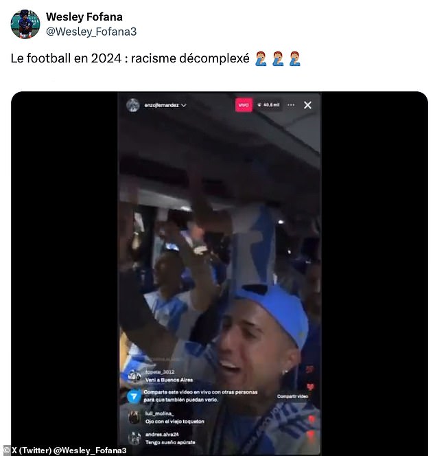 Wesley Fofana reposted the video via X with the text: 'Football in 2024: unbridled racism'