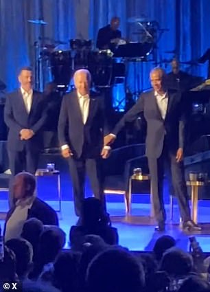 Former President Barack Obama had to grab Biden by the arm to lead him off the stage during a fundraising event in Los Angeles, California