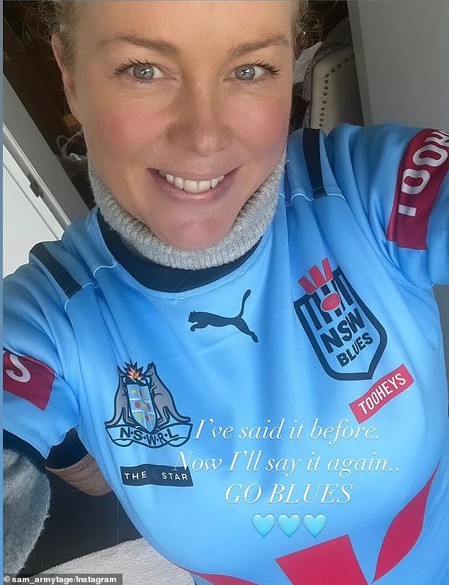 The veteran TV presenter was all smiles as she took to Instagram to proudly show off a Blues shirt, sealing her loyalty to NSW ahead of kick-off. Sam's blue eyes sparkled in the selfie, as she happily flashed her pearly whites