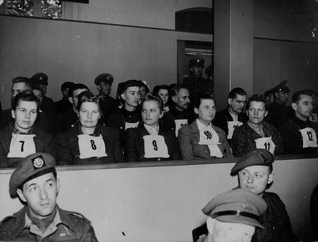 Suspects at the Belsen War Crimes Trial in Lüneberg, Germany (Grese is number 9 and Volkenrath is number 7)