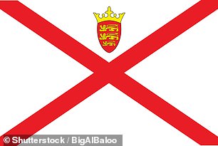 The photo shows the flag of Jersey with a red cross on a white background and a Plantagenet crown