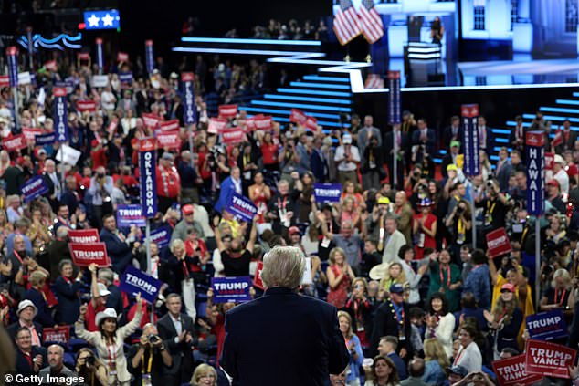 Trump looks out over the crowd during the second day of the convention