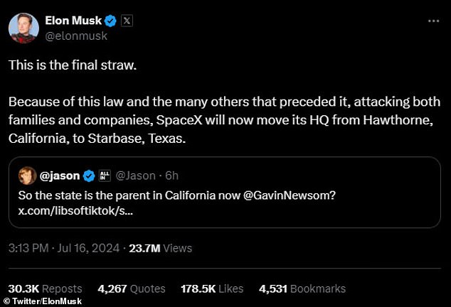 Musk went to X to say that SpaceX will now move its headquarters from Hawthorne, California to Starbase, Texas