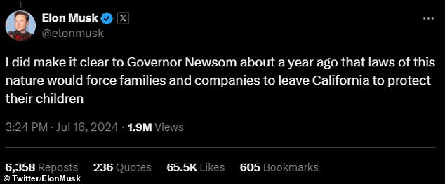 Musk said he had previously spoken to California's governor about his woke policy, warning it could force companies to leave the state