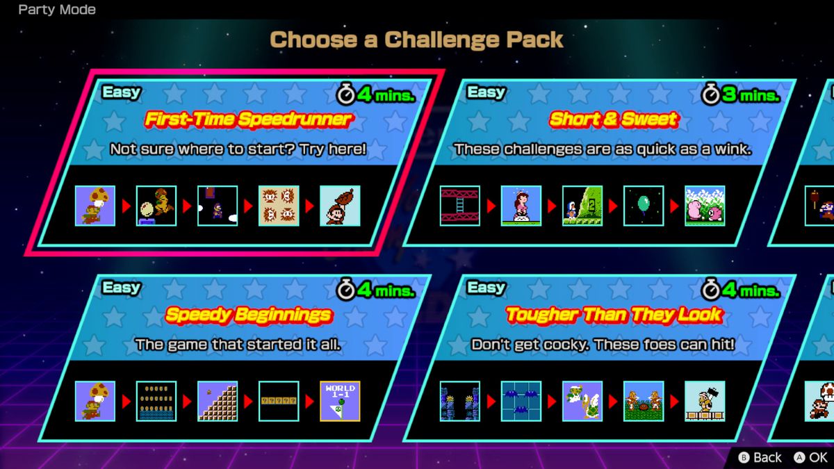 A screenshot of the menu of Challenge Packs available in Party Mode of Nintendo World Championships: NES Edition.