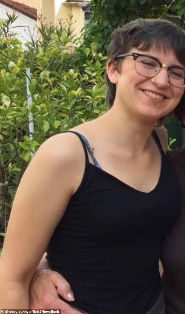 Jessy is pictured at 18 years old before undergoing her first surgery. Before photos show her as a naturally slim woman with short mouse brown hair, glasses and a lip piercing