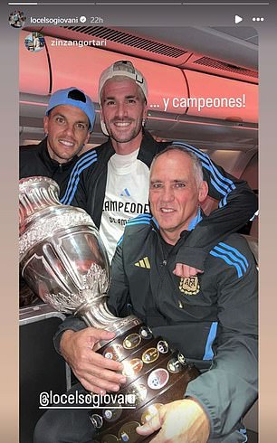 Giovani Lo Celso posed with Rodrigo De Paul and an Argentine coach with the trophy in a plane