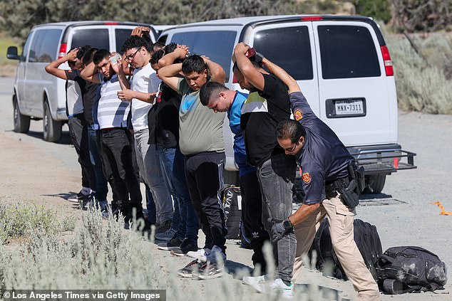 Many experts and Republican lawmakers have blamed the influx of migrants at the southern border on the spread of infectious diseases. Men seeking asylum are pictured being detained by Border Patrol agents after illegally crossing the U.S.-Mexico border last week.