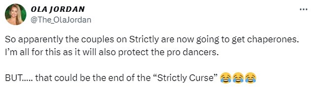 Former professional Strictly dancer Ola wrote on X: 'So apparently the couples on Strictly are now getting chaperones. I'm all for this as it protects the professional dancers too'