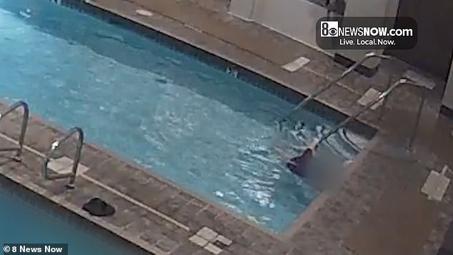 As she struggled, Triplett moved herself to the pool steps, where she was seen struggling to keep her head above water while clinging to the railing