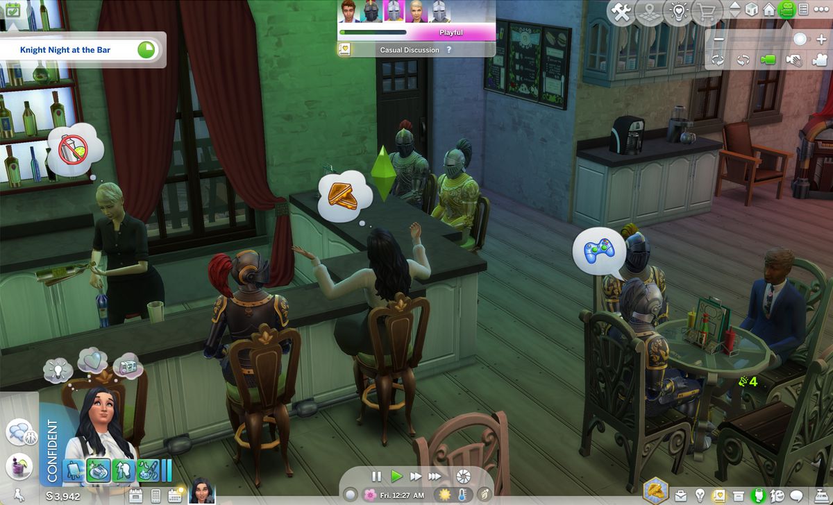 Sims 4 character Gabriella is at the bar on Knight Night, chatting with knights over grilled cheese.