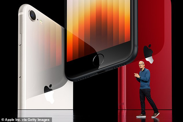 Above, Apple CEO Tim Cook debuts the iPhone SE during an event on March 8, 2022. The new version of that year's iPhone SE featured 5G and the tech giant's A15 Bionic chip