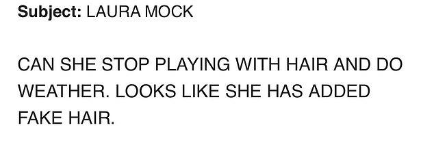 She shared a screenshot of the email via Facebook, and it read: 'Can she stop playing with her hair and do it again? It looks like she added fake hair'