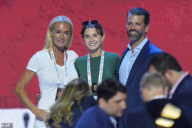 The eldest child of Don Jr. and his ex-wife Vanessa (left) was given a rundown of how the evening would unfold earlier Wednesday by event organizers and with the help of her mother and father at the Fiserv Forum in Milwaukee, Wisconsin.