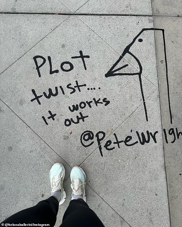 The third photo was where she got the caption: sidewalk graffiti of a duck or a goose with the message: 'Plot twist... it works'