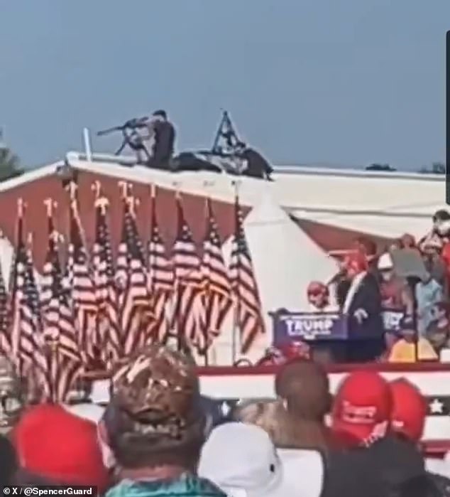 A Secret Service anti-sniper unit can be seen on the roof behind Trump. It is believed that this team returned fire at Crooks after he shot Trump.