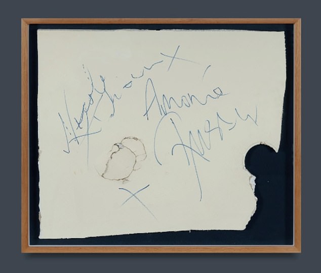 The cracked and punctured fragment contains the signatures of the Hollywood legends