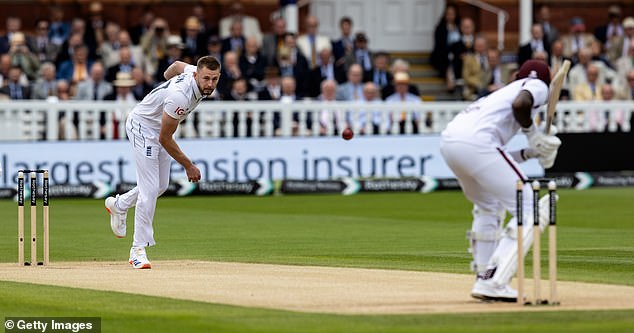 Atkinson pictured bowling to West Indies' Alzarri Joseph during the third day of the first Test match between England and West Indies at Lord's