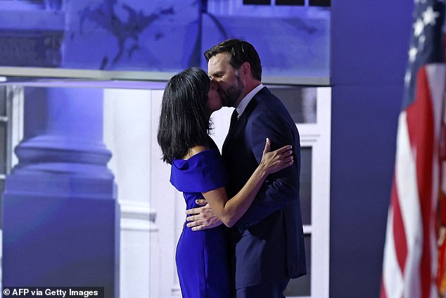 Senator JD Vance and Usha share a kiss after she welcomes him to the stage at the Republican convention. She said he is the same man she knew, but with a beard