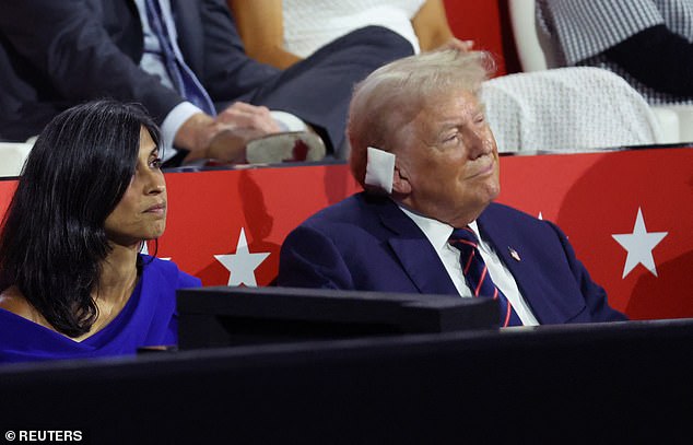 Usha Vance sits next to Donald Trump after a speech at the Republican National Convention as they watch her husband JD accept the vice presidential nomination