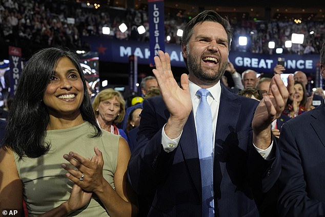 Usha and JD Vance arrive on the floor for the first day of the Republican National Convention on Monday