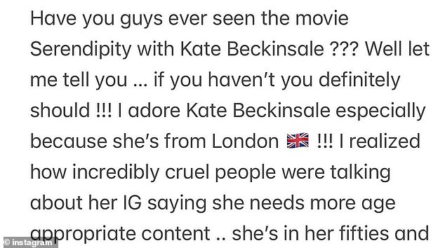 Earlier in her lengthy post, before responding to the Osbournes, Britney defended actress Kate Beckinsale after the English actress responded to trolls who criticized her for posting clips of herself dancing