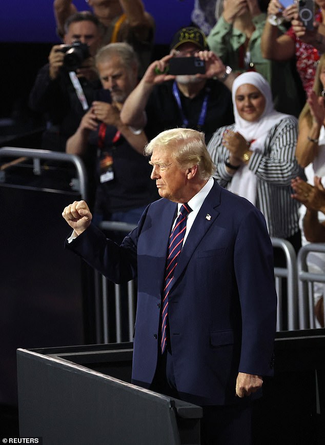 Trump pumped a fist at the crowd as a series of speakers emphasized his strength and accused Joe Biden of weakness