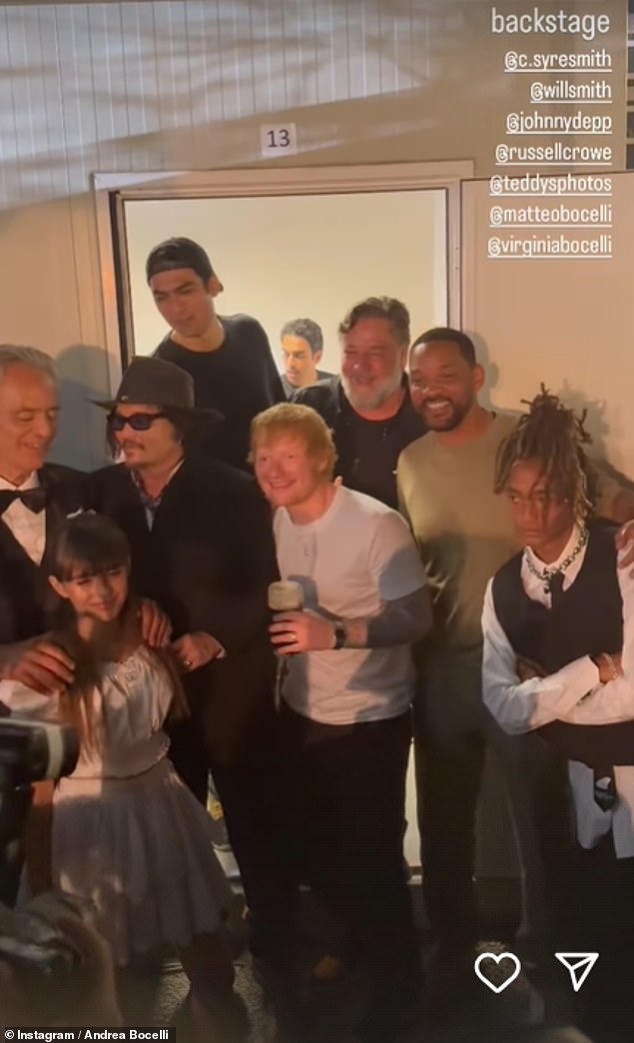 Smith, 55, was photographed catching up with Bocelli, 65, after the star-studded concert, which was held in Bocelli's hometown of Lajatico, in Tuscany, Italy. He was joined by Ed Sheeran, Russell Crowe and Johnny Depp, who all performed that night