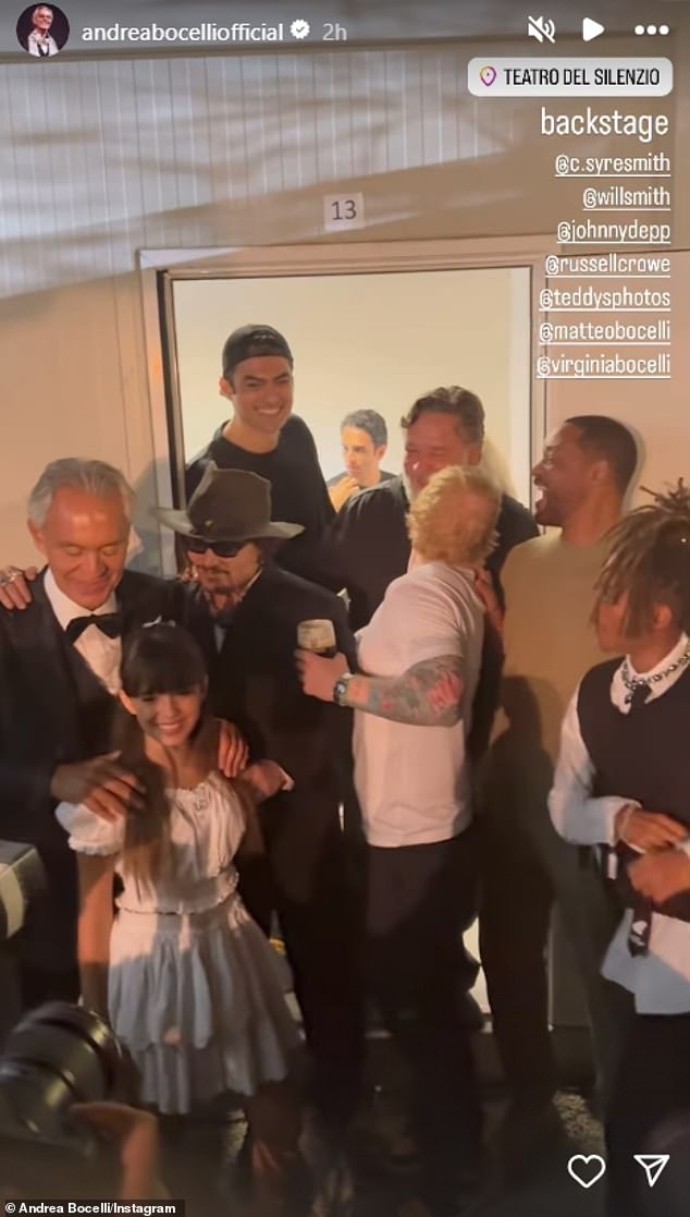 Depp joined the group backstage and was seen saying something unintelligible in Andrea's ear after their moving performance earlier that night. The performance also served as a tribute to the actor's late friend and collaborator Jeff Beck.