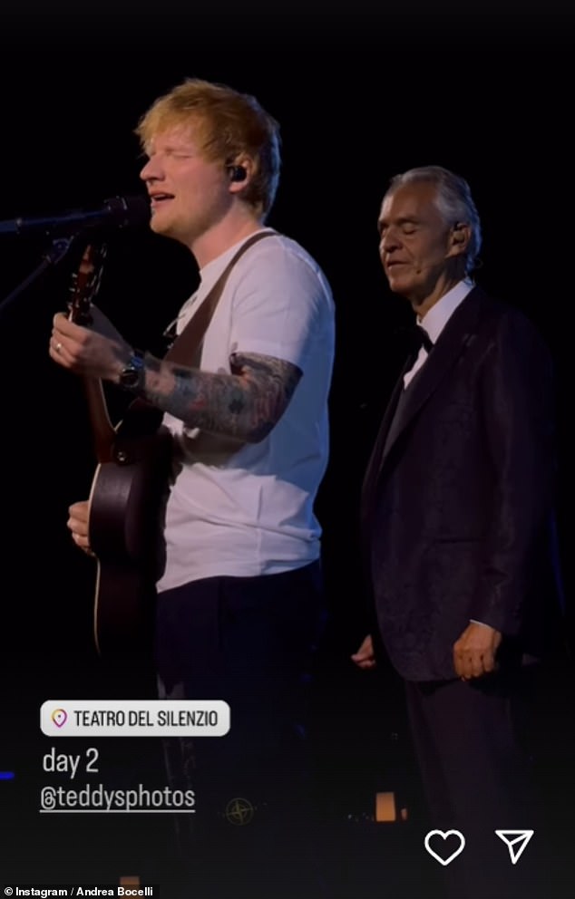 Ed, who pulled out his standard acoustic guitar to sing a duet with Andrea, was dressed as casually as possible in a plain white T-shirt that highlighted his tattoos, along with black jeans