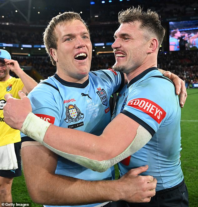 Trbojevic (pictured left with teammate Angus Crichton after game three) dismissed fans' concerns about how long he has been on the bench