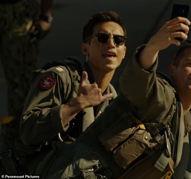 The handsome actor, 36, was cast as LT Billy 'Fritz' Avalone in the hit sequel to Top Gun, which also starred Glen Powell and Miles Teller