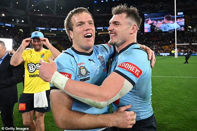 NSW captain Jake Trbojevic (left) and NSW Blues' Angus Crichton celebrate the win at Suncorp Stadium