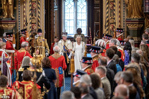 King Charles III and Queen Camilla arrive to deliver the Royal Address at the State Opening of Parliament on Wednesday