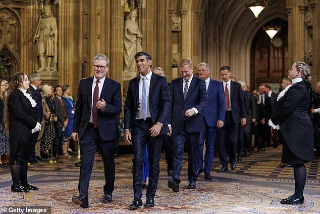 Prime Minister Sir Keir Starmer and Conservative leader Rishi Sunak lead MPs through the Central Lobby of the Palace of Westminster ahead of the State Opening of Parliament