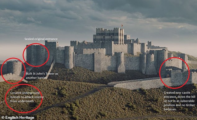 This annotated version of the model shows elements of Dover Castle added during a rebuilding shortly after the siege, including the closing up of the damaged entrance and the building of an additional tower as an additional defensive post.